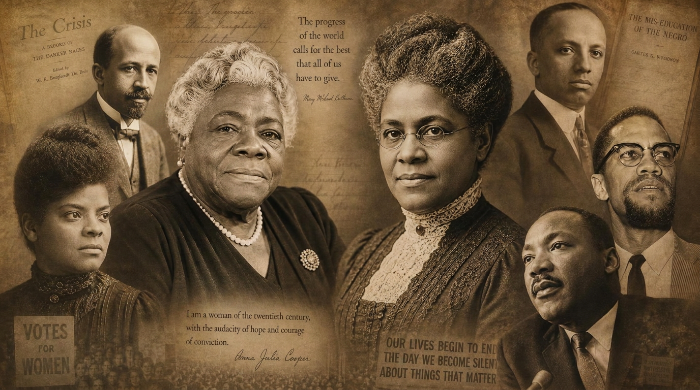 Engraved-style collage of W.E.B. Du Bois, Mary McLeod Bethune, Ida B. Wells, Carter G. Woodson, Anna Julia Cooper, Malcolm X, and Martin Luther King Jr. amid archival documents